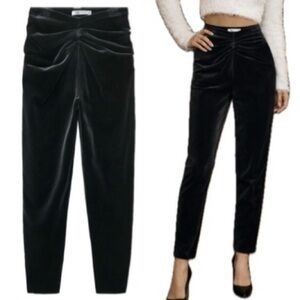 Zara Velvet Pants Womens Size XS Black Ruched Front High Rise Tapered Leg Plush